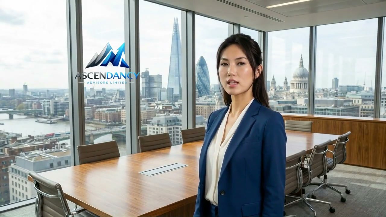 Ascendancy Advisors Limited corporate presentation featuring an executive presenter in a London office