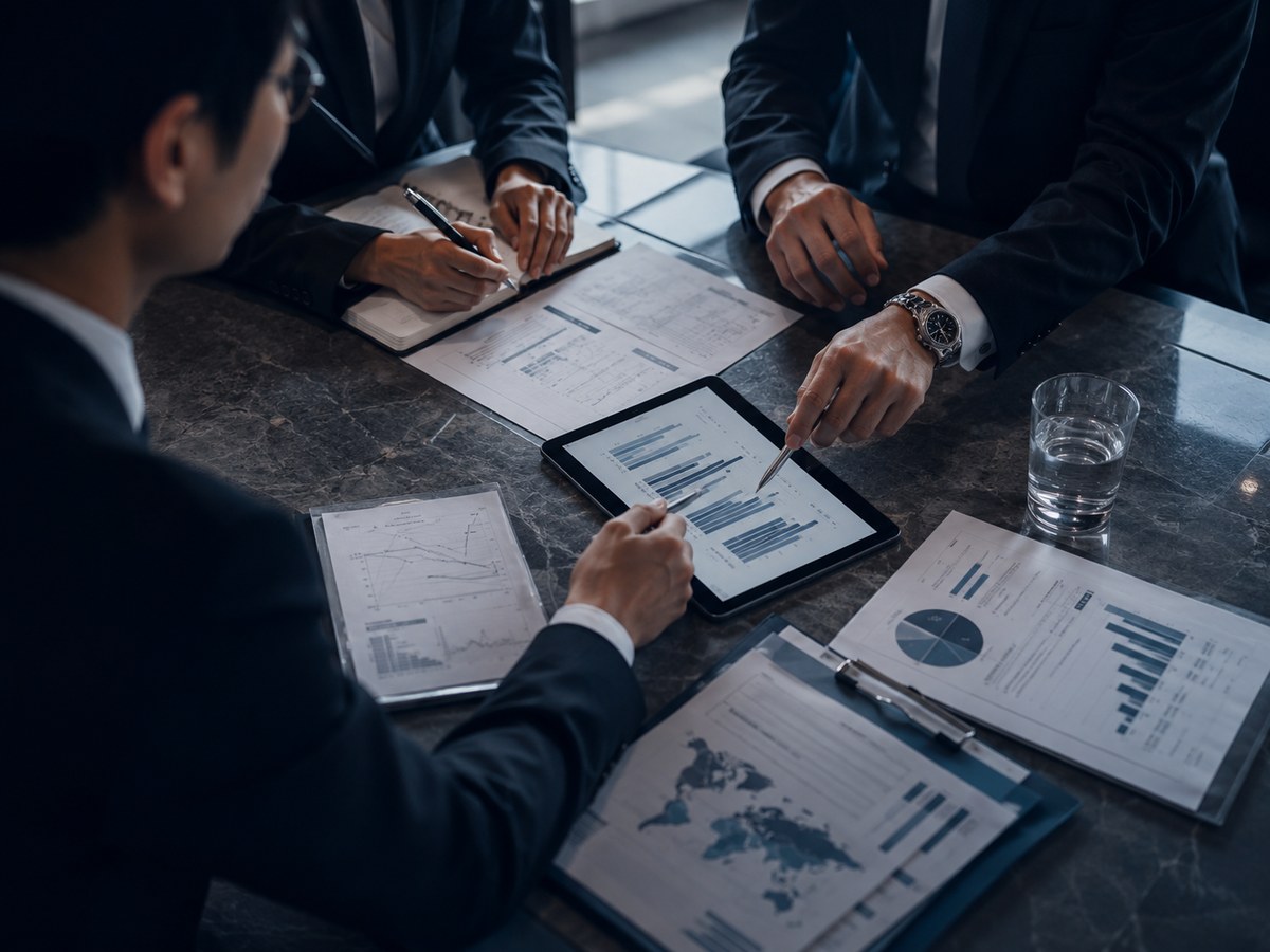 Structured finance advisory meeting reviewing transaction documents, financial analysis and cross-border mandate materials